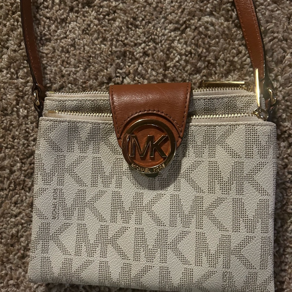Michael Kors Tan and Cream Crossbody Bag with Signature MK Design